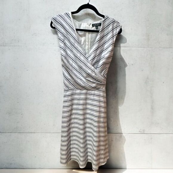 Lauren Ralph Lauren Sz 14 Gray/Dark White Stripe Wrap Style Striped Dress $155 - Picture 1 of 4